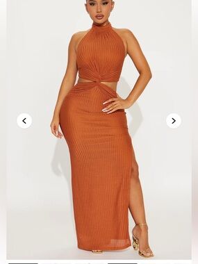 Ribbed Halter Cutout Maxi Dress in Rust